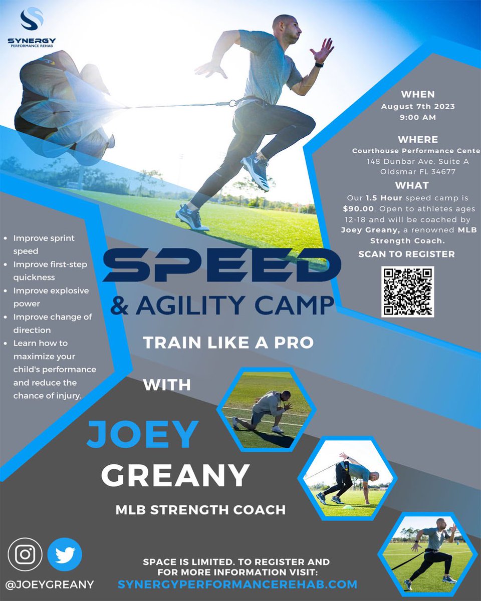 Take your game to the next level and become the most explosive athlete Join us for this incredible event on August 7th. All athletes ages 12-18. Come learn the fundamentals of improving speed and change of direction. Spots are limited so sign up today! synergyperformancerehab.com/speed-camp