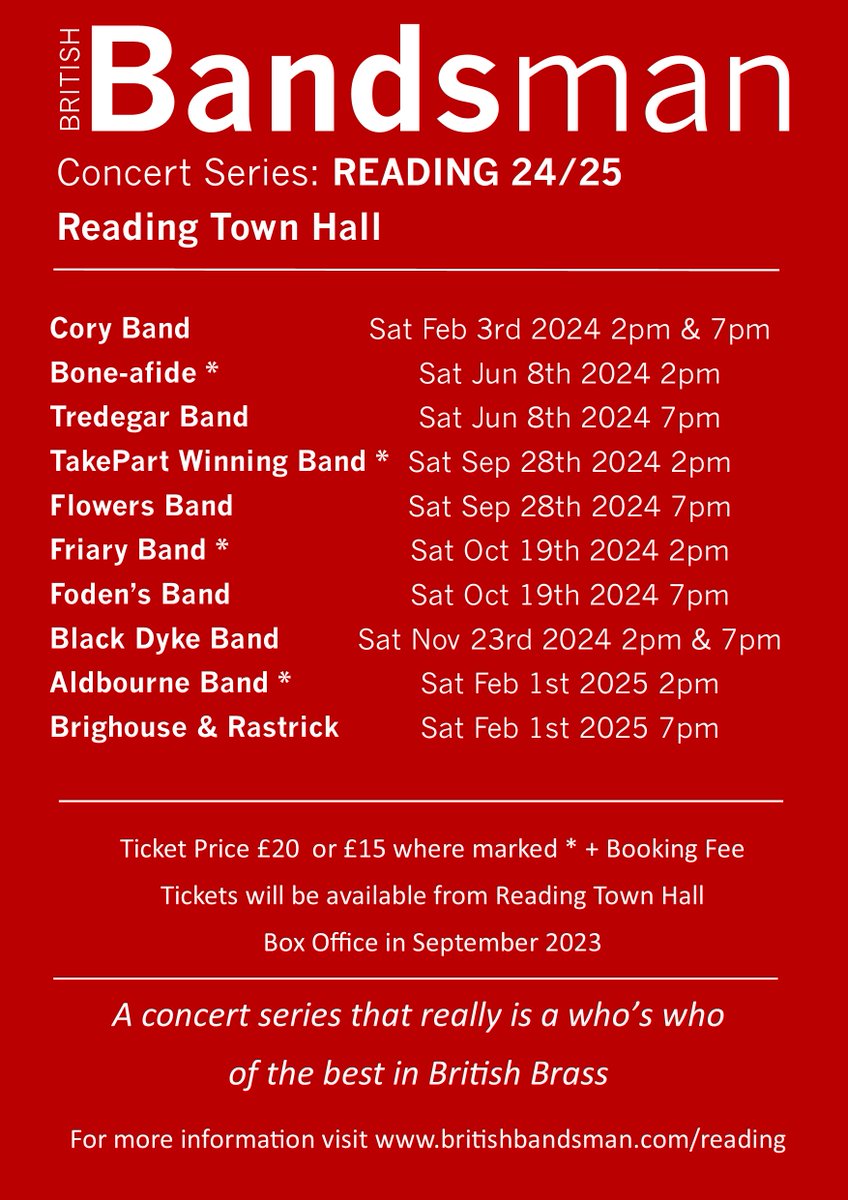 For details on how your band could be part of this outstanding list of concerts go to the take part page and register your band in the draw britishbandsman.com/takepart

If you want to be kept up to date with any news on the concert series then sign up at britishbandsman.com/reading