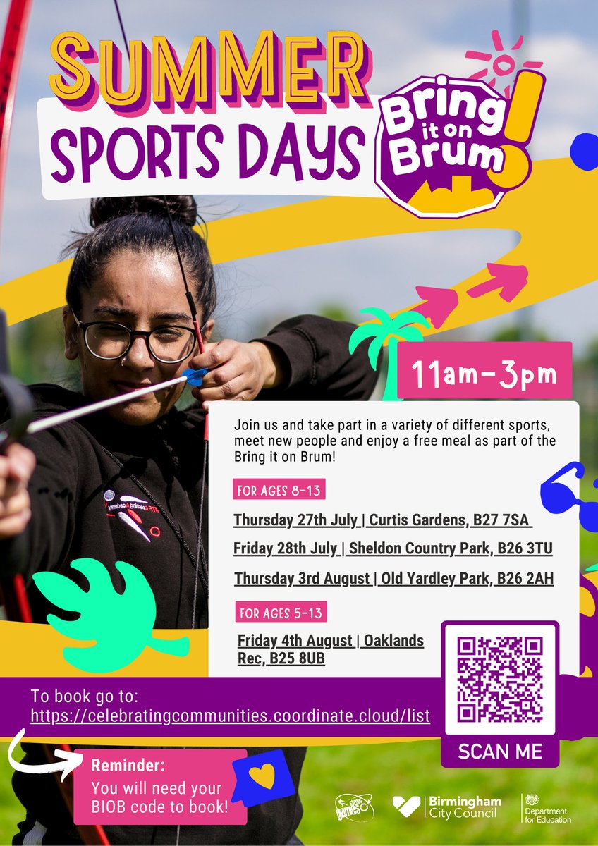 Summer sports Days across Hodgehill and Yardley over the summer for families with children and young people eligible for benefits related free school meals. Use the QR code or link on the flyer.