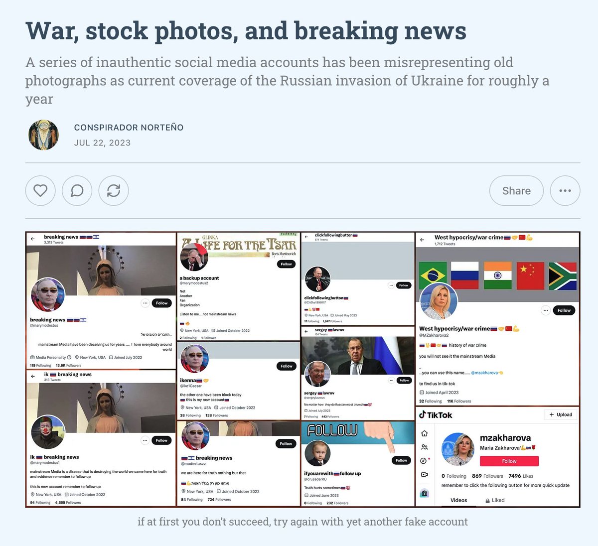 conspirator0's tweet image. Here's an article on a series of ban-evading pro-Russia "breaking news" accounts that frequently misrepresent old photos as current coverage of the Russian invasion of Ukraine.

cc: @ZellaQuixote
conspirator0.substack.com/p/war-stock-ph…