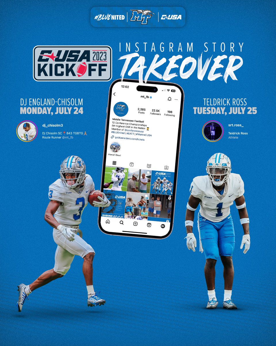 Follow along with DJ and Teldrick at #CUSAKickoff this week! @DJ_Chisolm is taking over the @MT_FB Instagram Story on Monday, and we're passing it to @__skate____ on Tuesday. #BLUEnited | #EATT
