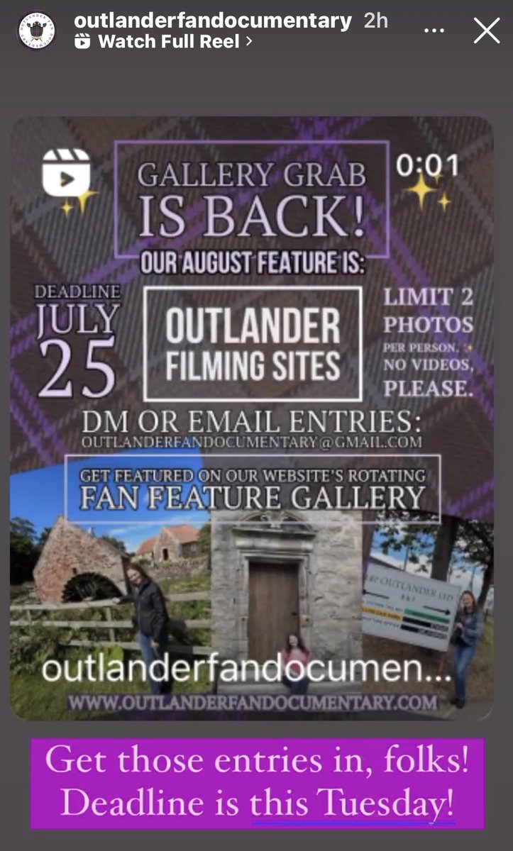 OutlanderFanDoc's tweet image. Have you submitted your pictures yet for our Gallery Grab? Time is running out! All submissions must be in by Tuesday! 🩶💜🤎🖤
✨✨✨✨✨✨✨✨✨✨
⬇️⬇️⬇️⬇️⬇️⬇️⬇️⬇️⬇️⬇️

#GalleyGrab #OutlanderFanDocumentary #FilmingLocations #LocationLocationLocation