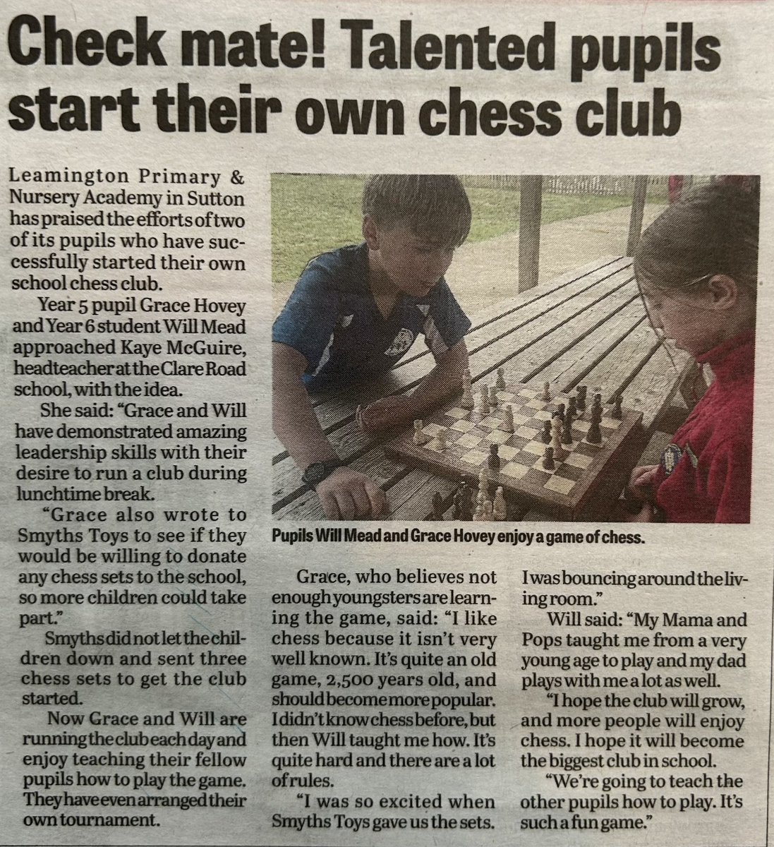 Thanks <a href="/SmythsToysUK/">Smyths Toys UK</a> for donating #chess sets♟️to <a href="/LeamingtonPAFHT/">Leamington Primary Academy FHT</a> who are part of the <a href="/FlyingHighTrust/">Flying High Partnership</a> the students are enjoying playing every day. The <a href="/ChadNews/">Mansfield Chad</a> wrote a piece to celebrate Grace &amp; Will demonstrating their school principles 👏🏼 Thanks <a href="/HoveyBrett/">Brett Hovey</a> for collecting 💙