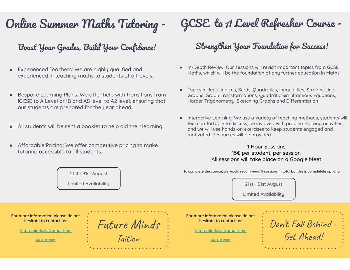 FutureMindsInt's tweet photo. This summer, we are launching a 'bridge from GCSE to A Level' course. All resources will be provided and the course can be accessed via a Google Meet. If you know anyone who may be interested, please retweet! @mathsjem @jaggermaths @draustinmaths #mathstuition #gcse #maths #tutor https://t.co/A6oEPzJLNY