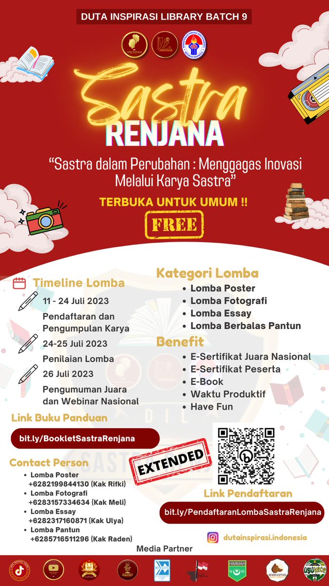 DiLiTweet's tweet image. PENDAFTARAN LOMBA SASTRA RENJANA DUTA INSPIRASI LIBRARY BATCH 9 

Halo Sobat Inspirasi‼️
Duta Inspirasi Library menyelenggarakan event perlombaan jangan sampai ketinggalan😊 
Tema :&quot; Sastra dalam Perubahan : Menggagas Inovasi Melalui Karya Sastra&quot;
#lomba
#perlombaan #sastra #ayo