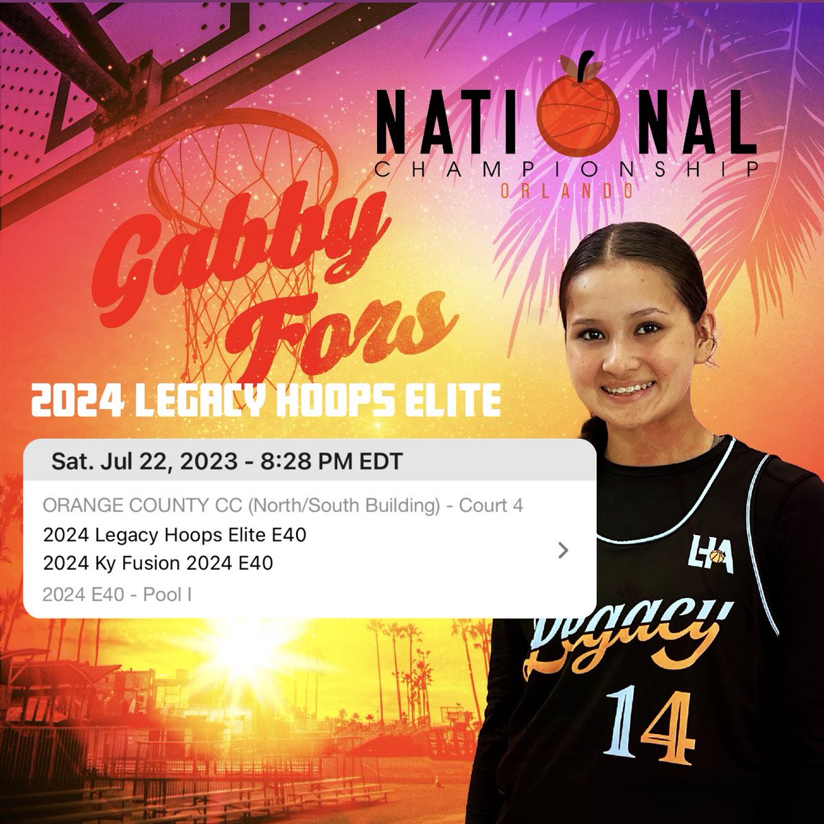 Gabby Fors (@gabbyfors) on Twitter photo Change of court. Back on court 4 in Orlando tonight at 8:28pm. Come watch me and my teammates of Legacy Hoops Elite E40, promise we won’t disappoint <a href="/Legacy_HoopsAAU/">Legacy Hoops Girls AAU</a> Change of court. Back on court 4 in Orlando tonight at 8:28pm. Come watch me and my teammates of Legacy Hoops Elite E40, promise we won’t disappoint <a href="/Legacy_HoopsAAU/">Legacy Hoops Girls AAU</a>