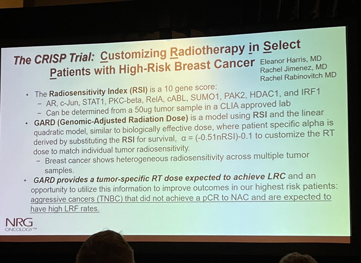 @5_utr @NRGonc The #CRISP trial run by @RachelJimenezMD, Dr. Rachel Rabinovitch, Dr. Eleanor Harris & others is a really awesome new #bcsm #breastcancer clinical trial that was highlighted at the @NRGonc #NRG2023 #NRG10 mtg that uses genomic-adjusted radiation dose for #personalizedcare 🙌🧬💪