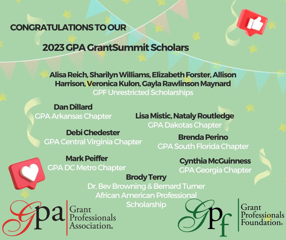 Grant Professionals Foundation (@grantprofdn) on Twitter photo Congratulations to our 2023 <a href="/GPANational/">Grant Professionals Association</a> GrantSummit Scholars. We can't wait to see you all in-person and virtually in Nov. There were many high-scoring applications in this scholarship cycle, so thank you to everyone who applied. Congratulations to our 2023 <a href="/GPANational/">Grant Professionals Association</a> GrantSummit Scholars. We can't wait to see you all in-person and virtually in Nov. There were many high-scoring applications in this scholarship cycle, so thank you to everyone who applied.
