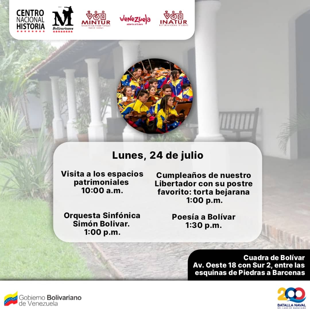 Te esperamos este lunes, 24 de julio, en la Cuadra de Bolívar. En este espacio perteneciente a los Museos Bolivarianos del Centro Nacional de Historia, se celebrarán los 240 años del natalicio del Libertador Simón Bolívar 🇻🇪

#unidosporlapoesía