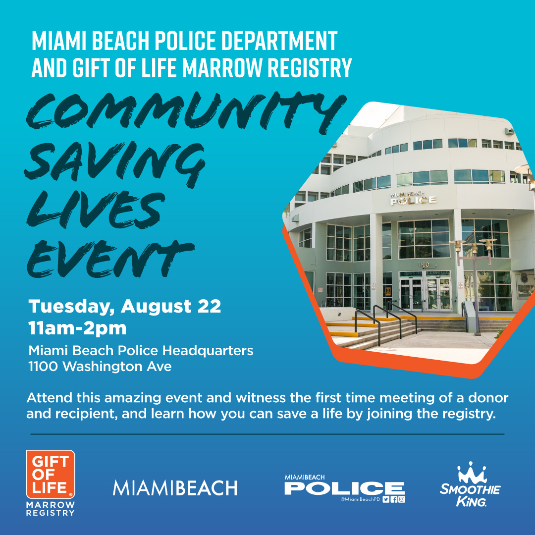 GiftofLife's tweet photo. 📅 Save the date! The 'Community Saving Lives Event' is happening at Miami Beach Police Headquarters on August 22nd.
Witness the incredible moment when a donor and recipient meet for the first time, and feel the power of community in action. 🤝@MiamiBeachPD #MiamiCommunity https://t.co/A2eD9bmBs8