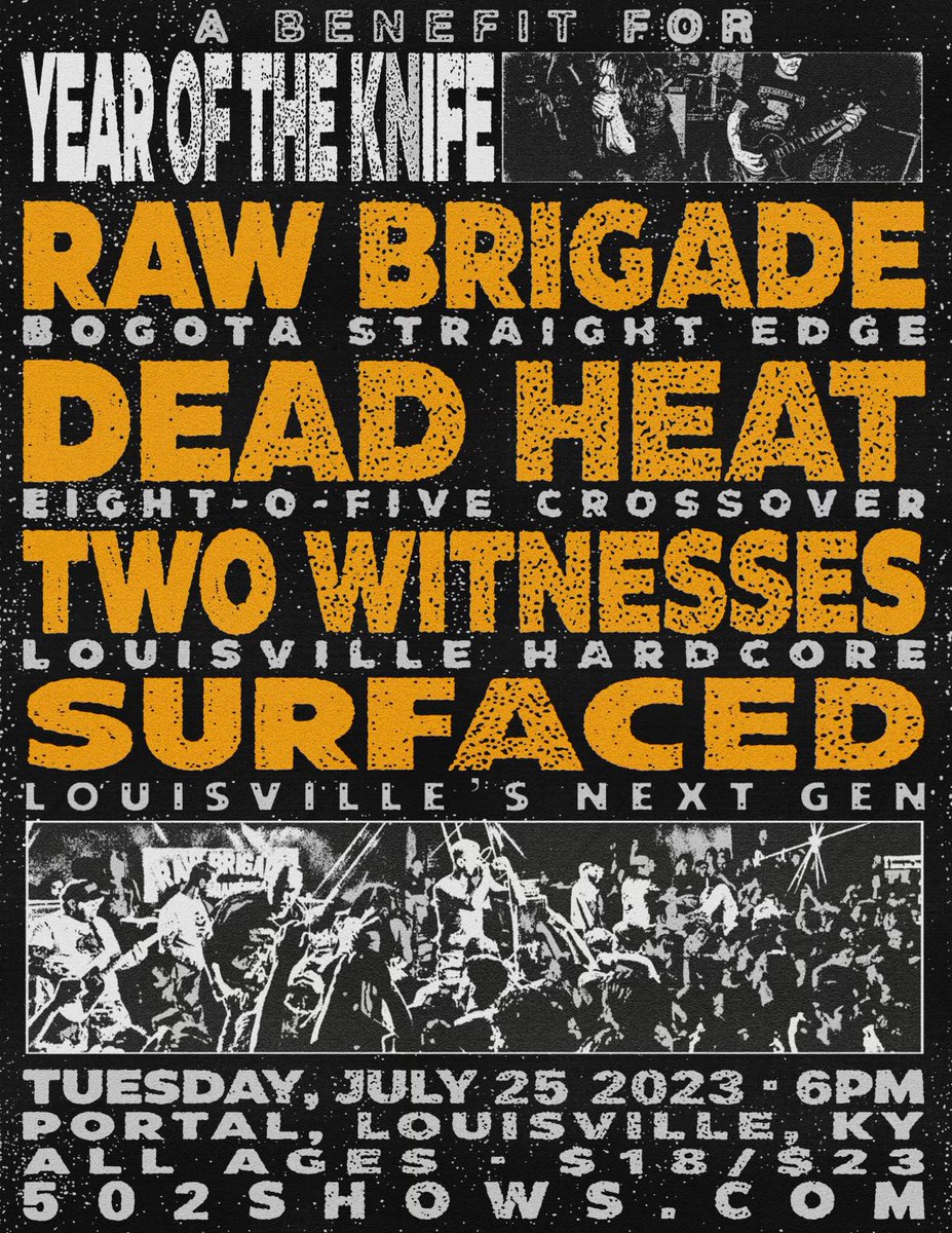 502Shows's tweet photo. SHOW UPDATE: @YEAROFTHEKNIFE is clearly unable to join us as they have a long road to recovery. Tuesday's show is now a benefit to help them on their long journey home. @surfacedhc is joining us to round it out. See ya at Portal! https://t.co/vRnZ9stE3K