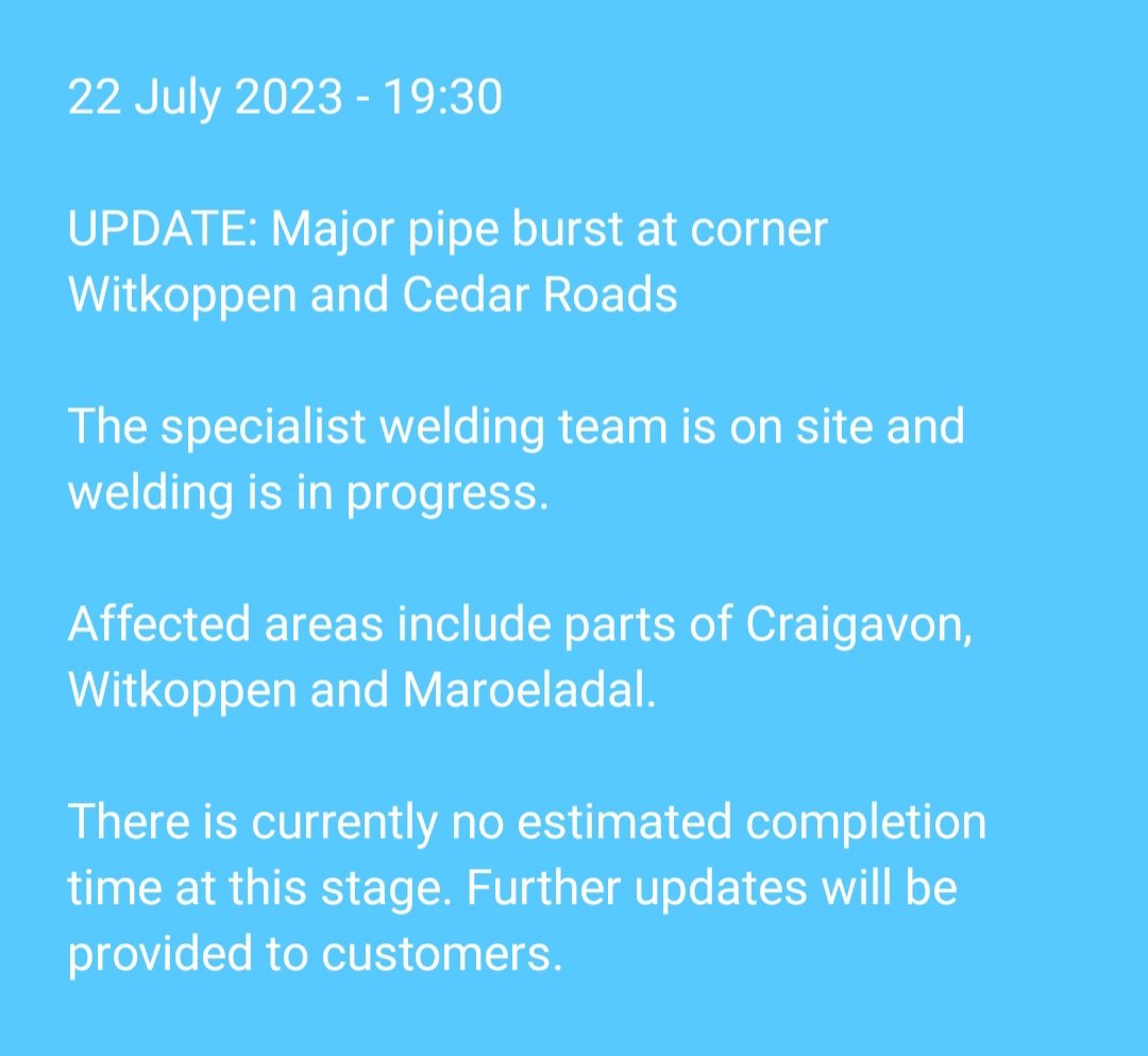 JHBWater's tweet photo. #JoburgUpdates #Craigavon #Witkoppen #Maroeladal
UPDATE: Burst pipe at corner Witkoppen and Cedar Roads ^N https://t.co/WOZ8WpUAYY