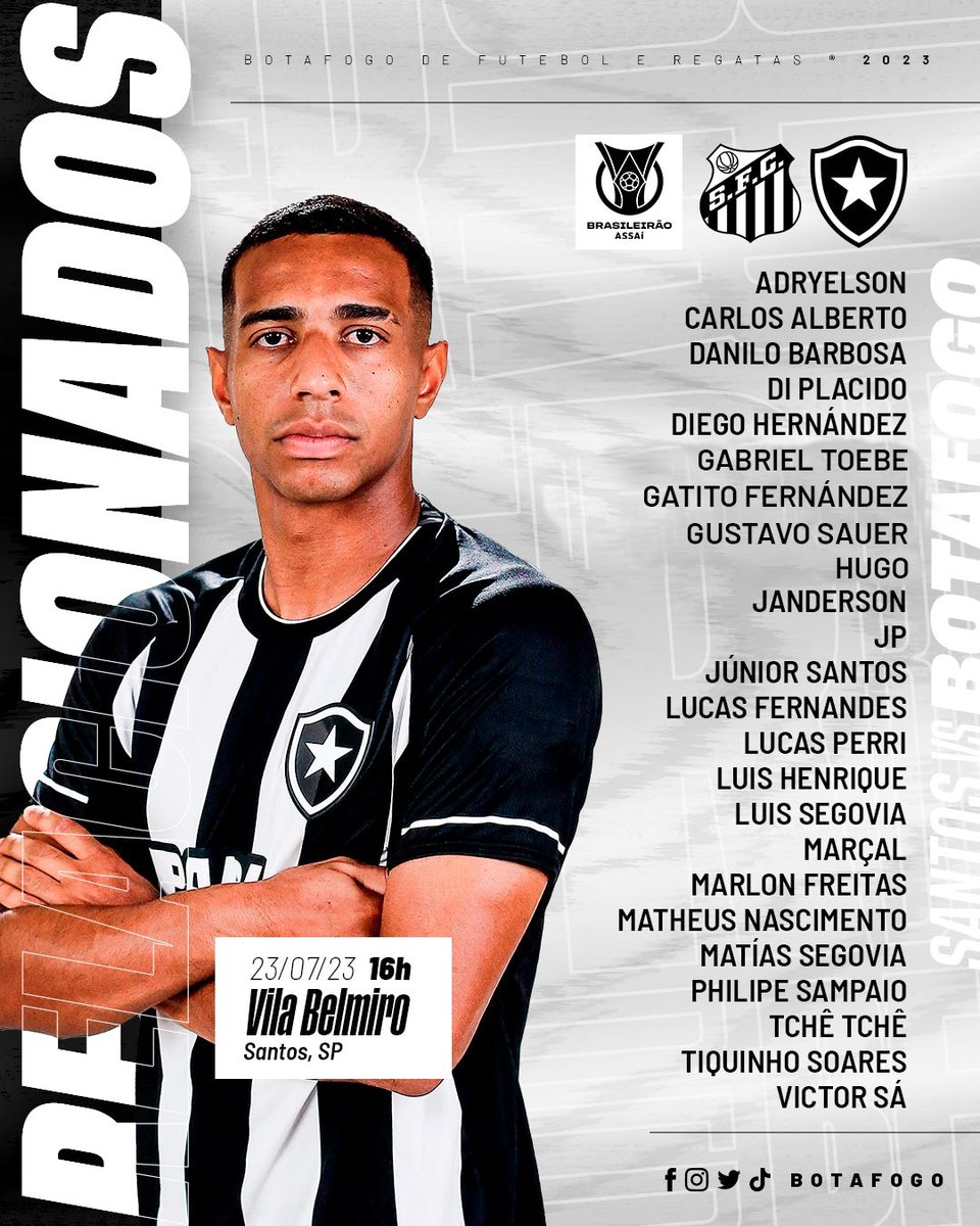 Jogadores relacionados do fogão para o jogo de amanhã contra o Santos pelo Brasileirão SERIE-A 🔰

#VamosBotafogo #folhaalvinegra2 #bfr #Brasileirao #omaistradicional #fogoeuteamo #estrelasolitaria