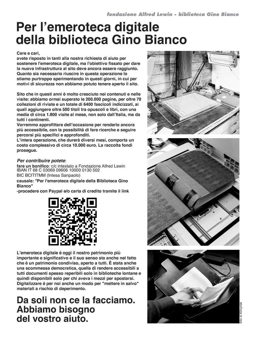 Care e cari, avete risposto in tanti alla nostra richiesta di aiuto per sostenere  l'emeroteca digitale, ma l'obiettivo fissato per dare la nuova  infrastruttura al sito deve ancora essere raggiunto.
Potete sostenerci da qui:
paypal.com/donate/?hosted…
o con un bonifico 👇