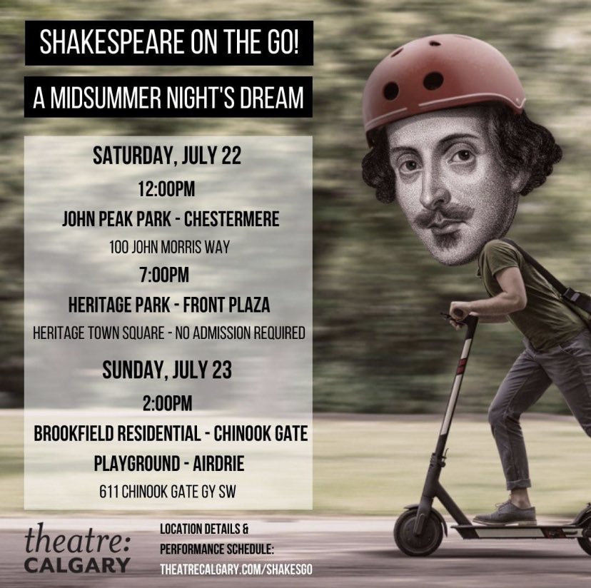 Join us this weekend for a fun, family friendly outdoor theatre experience! 🎭 We’re in Chestermere, <a href="/HeritageParkYYC/">Heritage Park</a>, and Airdie with @BrookfieldYYC! 
All shows are free/ by donation 💚
Details: bit.ly/4471q0rv