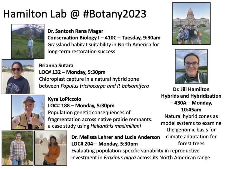 Dr. Jill Hamilton (@jilla_hamilton) on Twitter photo The Hamilton Lab is here at #Botany2023 and we're so excited to share cool new research on grassland and forest tree conservation, hybridization, restoration and so much more! Be sure to say 'hi'! to <a href="/SantoshRana124/">Santosh Rana</a> <a href="/malehrer49/">Melissa Lehrer</a> <a href="/krl5512/">Kyra LoPiccolo</a> and twitter-shy Brianna and Lucia! The Hamilton Lab is here at #Botany2023 and we're so excited to share cool new research on grassland and forest tree conservation, hybridization, restoration and so much more! Be sure to say 'hi'! to <a href="/SantoshRana124/">Santosh Rana</a> <a href="/malehrer49/">Melissa Lehrer</a> <a href="/krl5512/">Kyra LoPiccolo</a> and twitter-shy Brianna and Lucia!