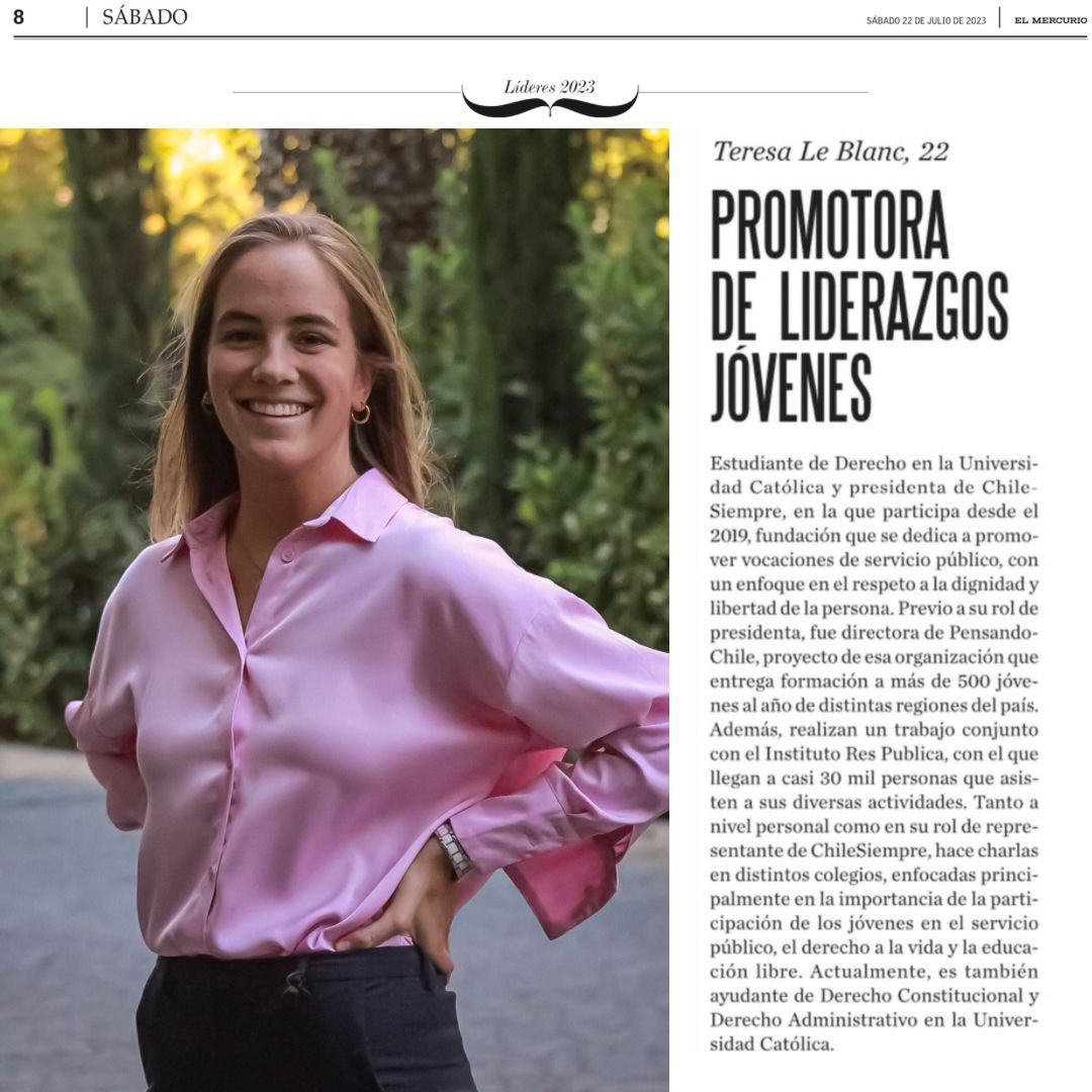 Muy feliz por haber sido premiada entre los 100 jóvenes líderes de <a href="/Revista_Sabado/">Revista Sábado</a> y <a href="/UAI_CL/">UAI</a> . 

Gracias a todo el equipo de <a href="/chilesiempre/">ChileSiempre</a> cientos de jóvenes seguimos formándonos en las ideas de la libertad y forjando el carácter para defenderlas 💪🏻🇨🇱