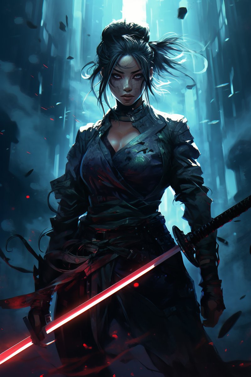 cesar20984's tweet image. &quot;Shadow and light duel in navy cascades, an embodiment of the samurai girl - a beacon in the twilight world of cyberpunk manga. Steel meets the specter, a dance between life, death, and the vast unknown, a testament to our unyielding spirit against the undead.&quot; #DigitalSamurai