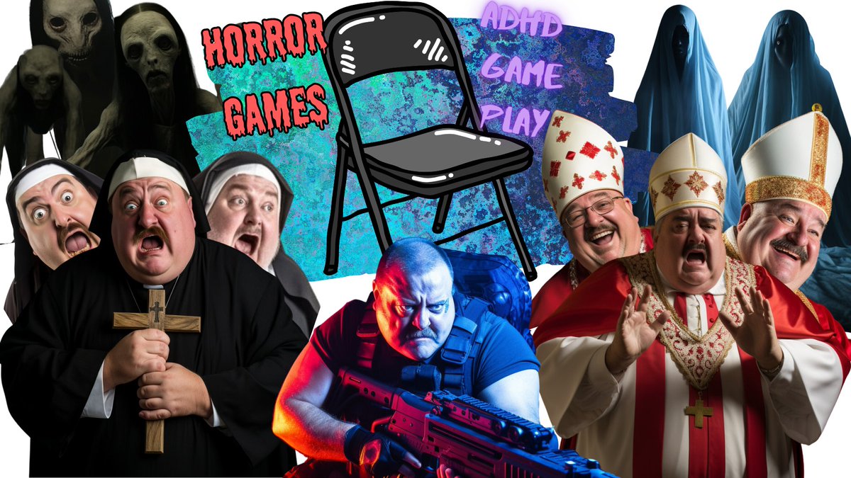 ChairChriss's tweet photo. Using Midjourney, I created this Twitch banner. Basically, I just imagined fat terrified men wearing certain outfits. The monsters are all generated, too! It's also an edited version of my Youtube banner! #midjourney https://t.co/FFBXpXt8qS