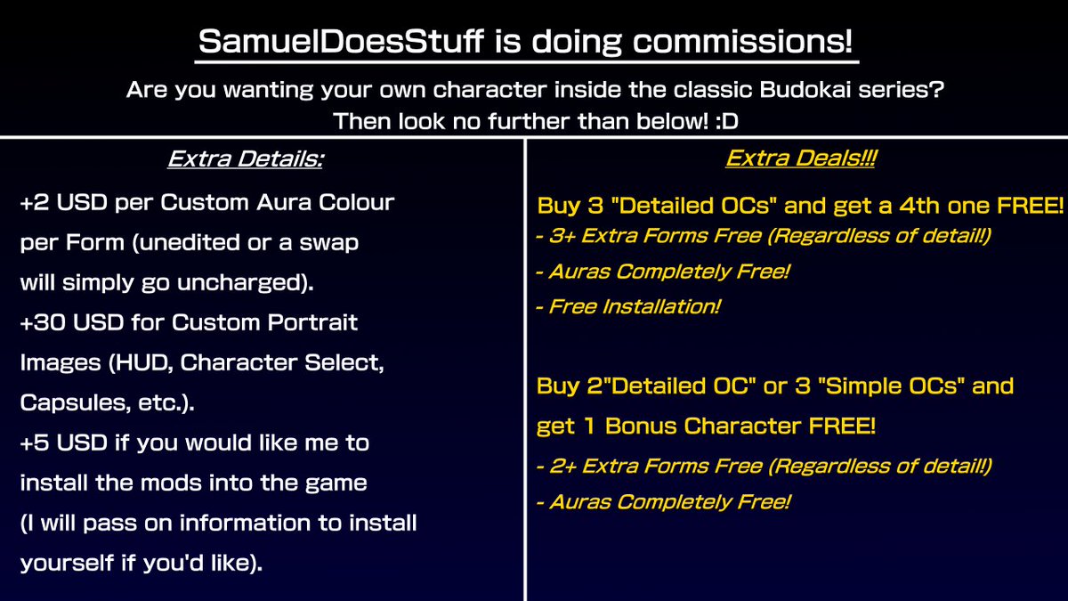 SamuelDoStuff's tweet photo. Hey guys! Apologies for the long wait, but I've decided to take on commissions! Please see below for my rates if you are interested. Thank you for the support! I hope to make good stuff with this! :D https://t.co/drZ8t1gG5M