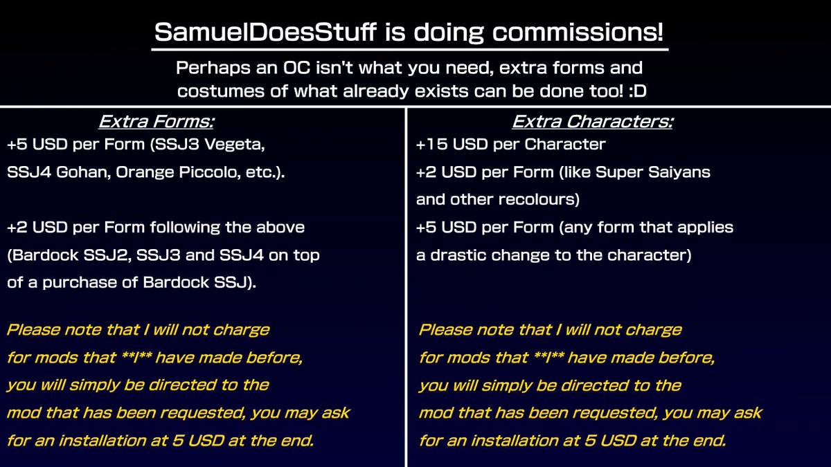 SamuelDoStuff's tweet photo. Hey guys! Apologies for the long wait, but I've decided to take on commissions! Please see below for my rates if you are interested. Thank you for the support! I hope to make good stuff with this! :D https://t.co/drZ8t1gG5M