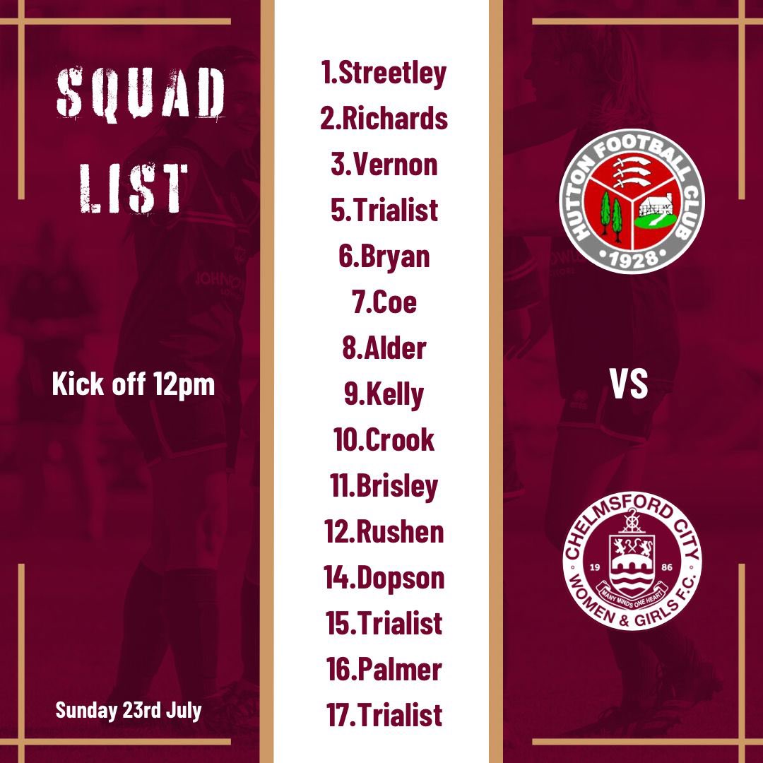 Tomorrow we take on @HuttonReserves in our first pre season game. Here’s the squad list! 
@JohnFowlersLLP @Farewaytaxisltd @TradePriceCars_ @WF_East @OfficialClarets 
Shenfield High School CM15 8RY