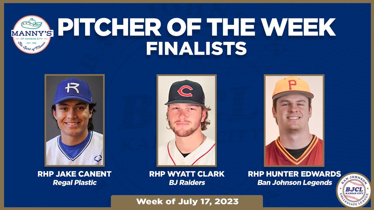 BanJohnsonBSB's tweet photo. Congrats to our Manny's Pitcher of the Week finalists!  #BJCL 

☑️ RHP @CanentJake (@RUHawksbaseball) - Regal Plastic 
☑️ RHP @WyattClark20 (@Mules_Baseball) - @BJRaiders 
☑️ RHP @hunteredwards34 (@ParkUBaseball1) - Ban Johnson Legends
  
Look for our winner on Sunday... https://t.co/vFwjKljcFp