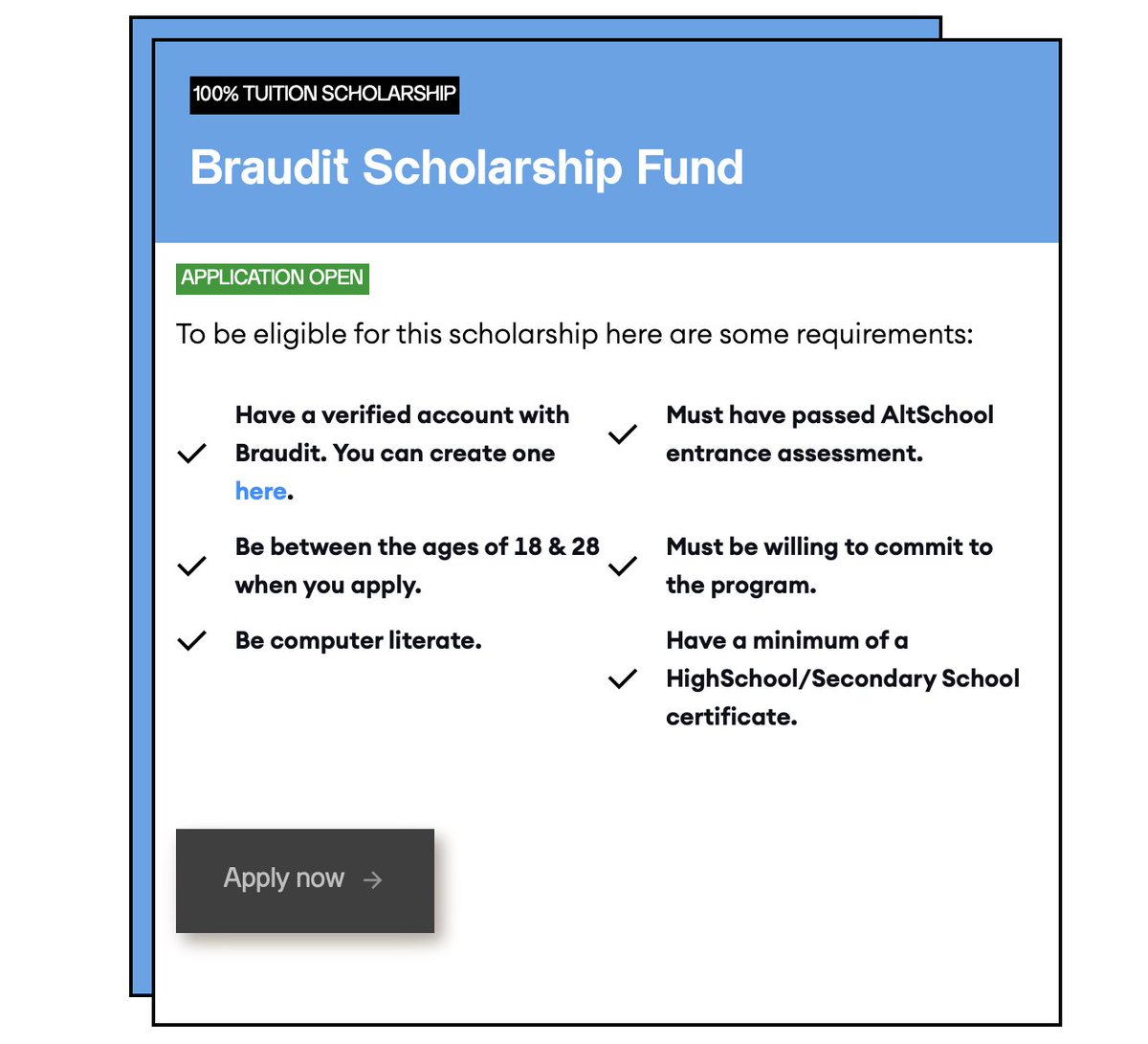 Name cannot be blank (@hacksultan) on Twitter photo <a href="/AltSchoolAfrica/">AltSchool Africa</a> <a href="/Vesicash/">Vesicash Escrow & MoR</a> 2. The <a href="/brauditapp/">Braudit</a> Scholarship Fund.
This Scholarship fund also pays 100% of your AltSchool School fees. It's open to everyone in all courses in AltSchool, and you don't need to use any code while applying. So it's great if you already created an account...
How to apply:
- <a href="/AltSchoolAfrica/">AltSchool Africa</a> <a href="/Vesicash/">Vesicash Escrow & MoR</a> 2. The <a href="/brauditapp/">Braudit</a> Scholarship Fund.
This Scholarship fund also pays 100% of your AltSchool School fees. It's open to everyone in all courses in AltSchool, and you don't need to use any code while applying. So it's great if you already created an account...
How to apply:
-
