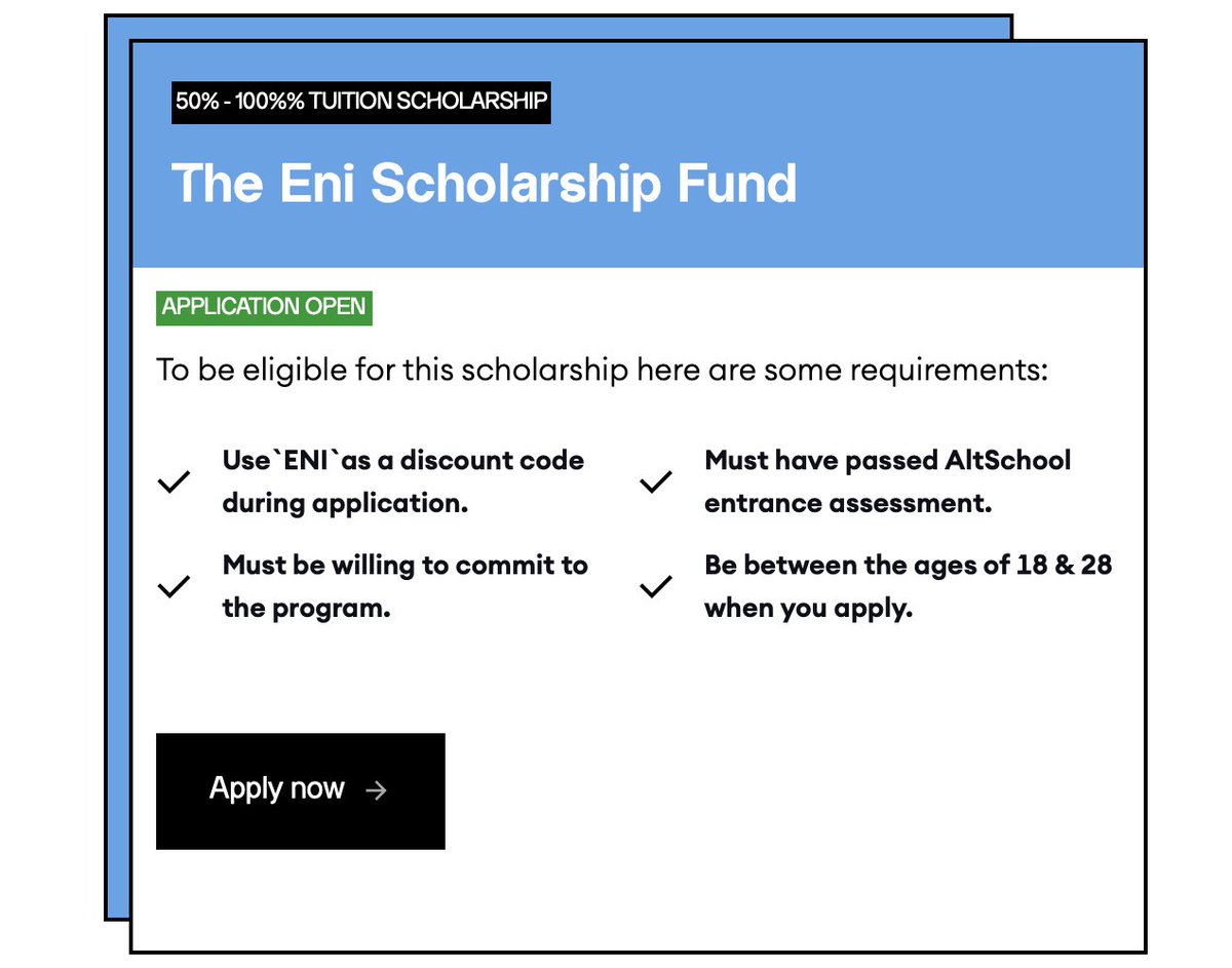 <a href="/AltSchoolAfrica/">AltSchool Africa</a> <a href="/Vesicash/">Vesicash Escrow & MoR</a> <a href="/brauditapp/">braudit</a> 3. The <a href="/enioluwa/"></a>  Scholarship Fund 
This Scholarship Fun pays 50% - 100% of your AltSchool School fees, meaning the minimum you can get is 50% and you can get 100%.

How to apply:
- Use the scholarship code  "ENI"  as a discount code during application (Creating you account).
-