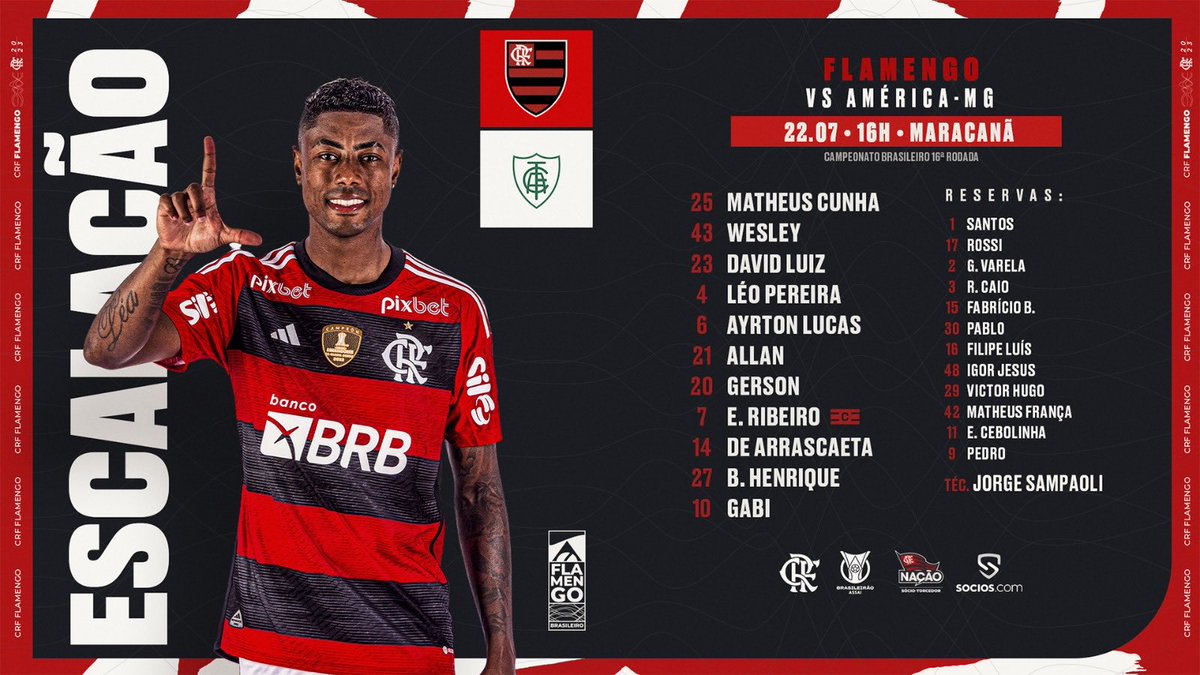 Flamengo escalado com Everton Ribeiro, Arrascaeta, Bruno Henrique e Gabigol na frente. Esse quarteto não inicia uma partida desde o ano passado, quando BH se machucou. #trmaraca