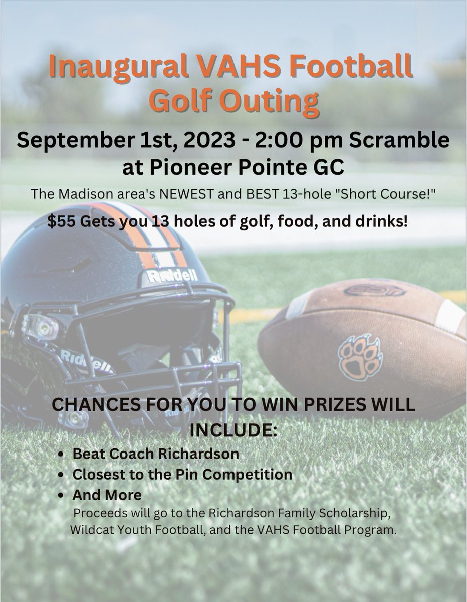 Attention! We will be hosting the Inaugural VAHS Football Golf Outing at Pioneer Pointe GC Friday, September 1st. The scramble starts at 2:00 pm. If you are interested please fill out this form: docs.google.com/forms/d/e/1FAI…