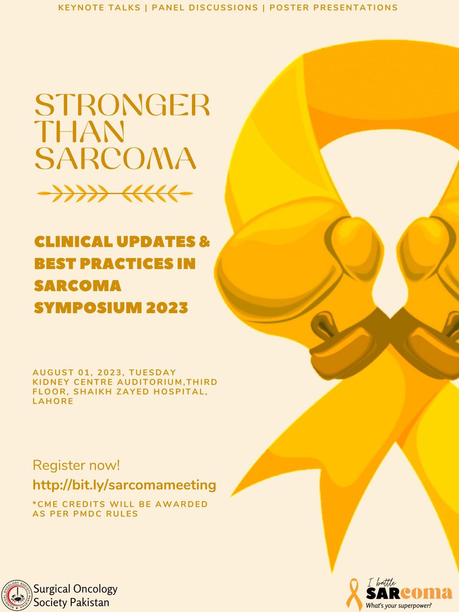 “WE ARE STRONGER THAN SARCOMA”

<a href="/SOS_Pk/">Surgical Oncology Society Pakistan. SOSPK</a> <a href="/YSAC_PK/">Young Surgeons Advisory Committee (YSAC)</a> &amp; <a href="/gssoszh/">General Surgery & Surgical Oncology SZH</a> present a much awaited symposium on the “CLINICAL UPDATES AND BEST PRACTICES IN SARCOMA MANAGEMENT” on Aug 01, 2023

REGISTER NOW: bit.ly/sarcomameeting

<a href="/aun_jamal/">Aun Jamal</a> <a href="/RazaSayyed12/">Raza Sayyed</a> <a href="/AwaisAmjadMalik/">Awais Amjad Malik</a> <a href="/mzaeemkhalid/">Muhammad Zaeem Khalid</a>