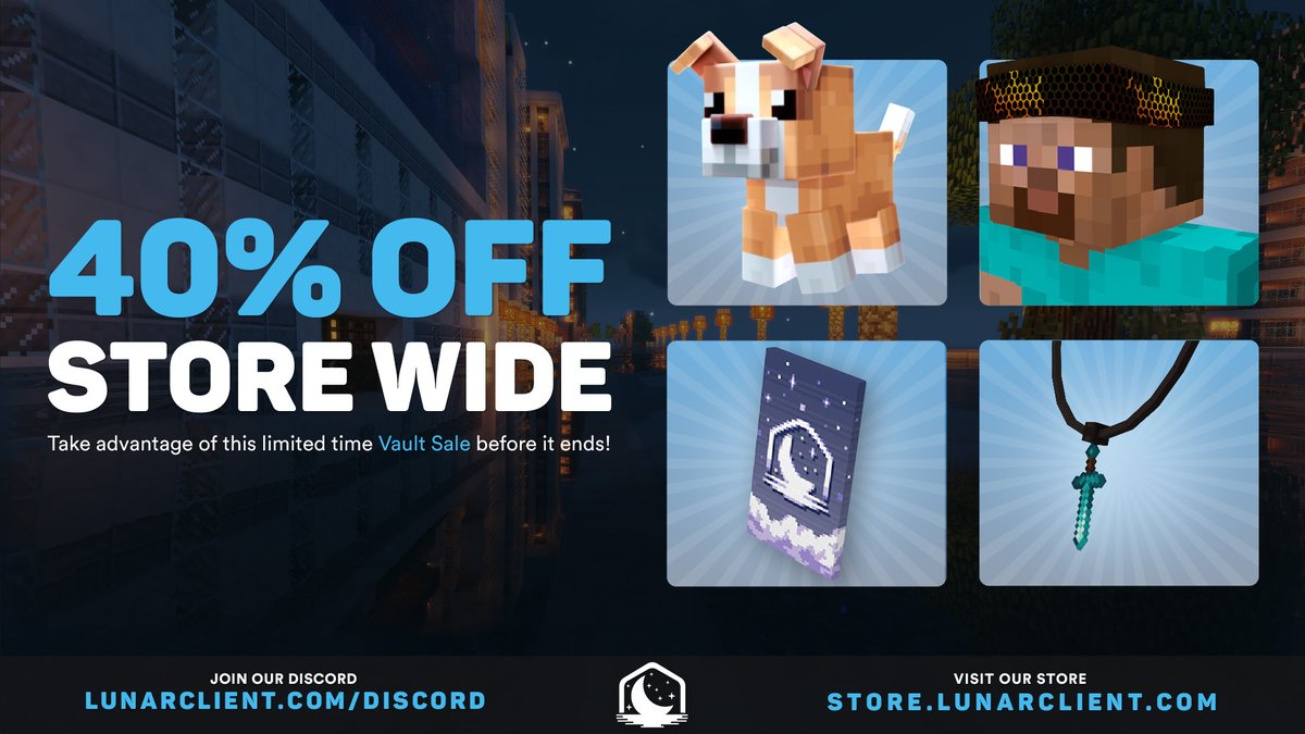 LunarClient's tweet image. Lunar&apos;s yearly Summer Vault Sale is now live! 🔓

All items ever sold are up to 40% off for a limited time only at store.lunarclient.com 💳

Like, Retweet, and Follow for  a chance to win 1 of 25 cosmetics of your choice! Giveaway ends in 72 hours. 🏆