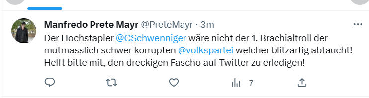 guenschl's tweet photo. Der mutmasslich im Daueröl liegende #PreteMayr wäre nicht der 1. Brachialtroll der mutmasslich gegen andere hetzt, zur Gewalt aufruft.
Helft bitte mit, den dreckigen Hetzer sein Handwerk zu legen.
Meldet den Typen ‼️‼️‼️ https://t.co/s0oJ08iT2m