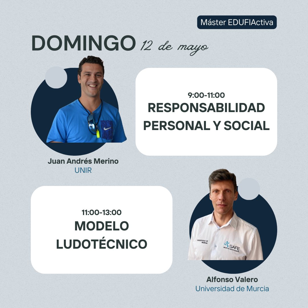 EDUFIActiva_umu's tweet photo. DOMINGO 12 de mayo

Responsabilidad personal y social con @jmerinobarrero 
Modelo Ludotécnico con @UAvalero 

@EDUFIActiva_umu @UMU @umucafd https://t.co/v6p9Y2q7C7