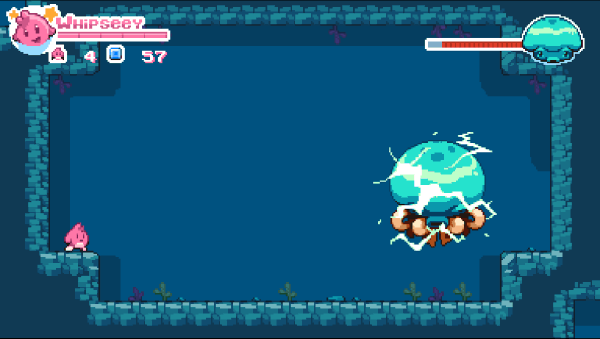 RamirezDevelop's tweet photo. Washed up on a beach in a strange new world. Only one way out of here! Past a big Jellyfish? #whipseey #retrospective #screenshotsaturday #pixelart https://t.co/jElI7UQAno