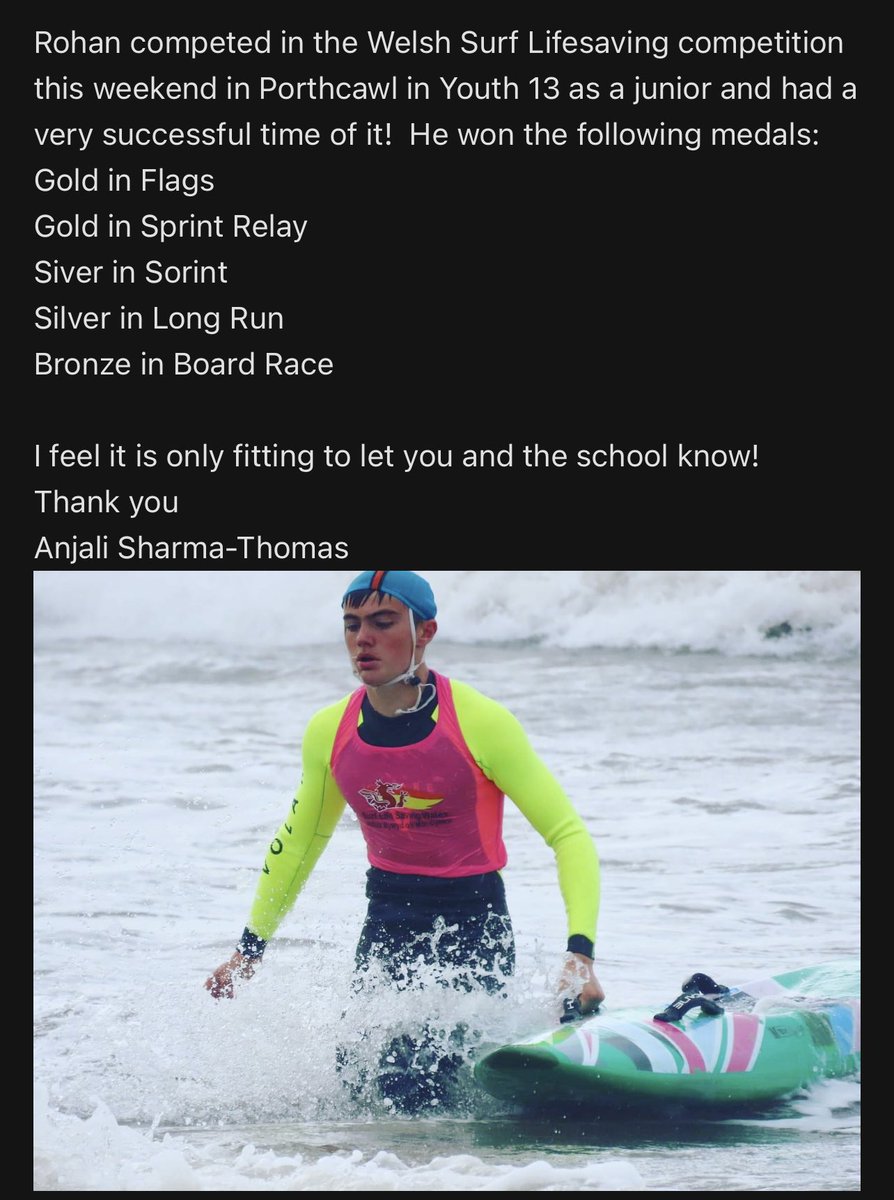 Congratulations to Rohan for competing in the Welsh Surf Lifesaving competition. What a successful day! I have had the pleasure to get to know Rohan this last week shame it was my last he had a bright future ahead of him 🌟 <a href="/MaestegSchool/">Maesteg School</a> <a href="/mrcroninpewell/">Mr Cronin 🏴󠁧󠁢󠁷󠁬󠁳󠁿⚽️</a> <a href="/MissKATurner/">Miss Kellie Turner</a>