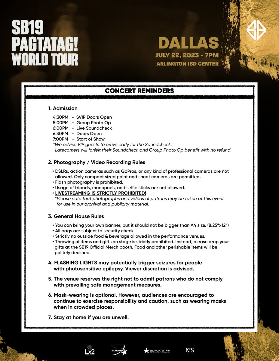 SB19Official's tweet photo. ⚠️ Take note of our venue guidelines for the #PAGTATAGWorldTourDallas concert!

🎫 Tickets are available at the venue and online via https://t.co/YJm0yDOUoS

#SB19 #PAGTATAG  #SB19PAGTATAG  #PAGTATAGWorldTour https://t.co/CzGiBcV7zq