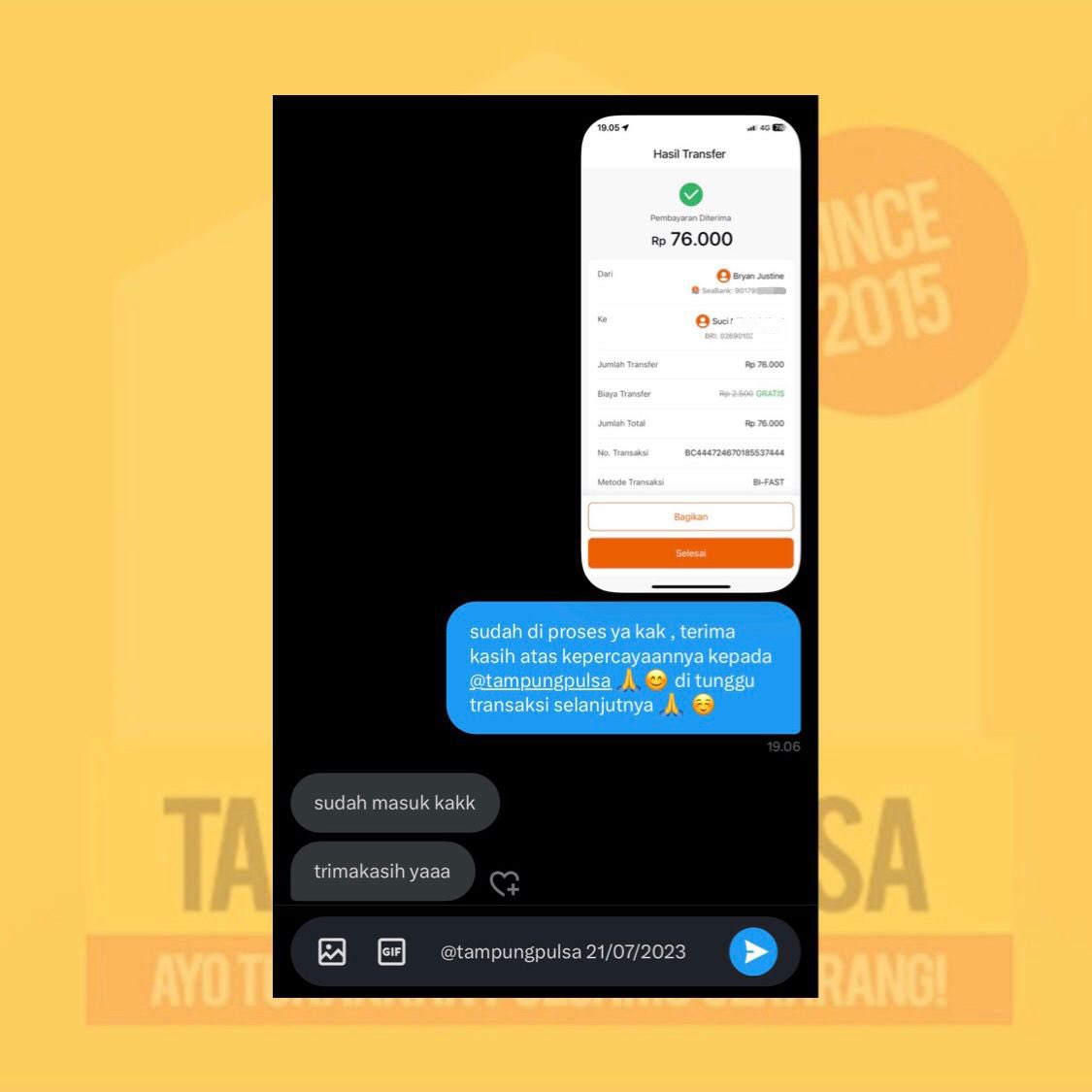 tampungpulsa's tweet photo. fresh testi 21.07 🤩 #testitampungpulsa

13. cv 95k tsel to bri
14. cv 50k tri to bca
15. cv 10k tri to dana
16. cv 99k tsel to bni

open cv pulsa / convert pulsa , wa/dm yuk !
☎️ https://t.co/52xv6xte1d ( 300+ tags on getc0nt4ct )

#zonauang #zonajajan #zonaba https://t.co/Xv4J8M3I7A