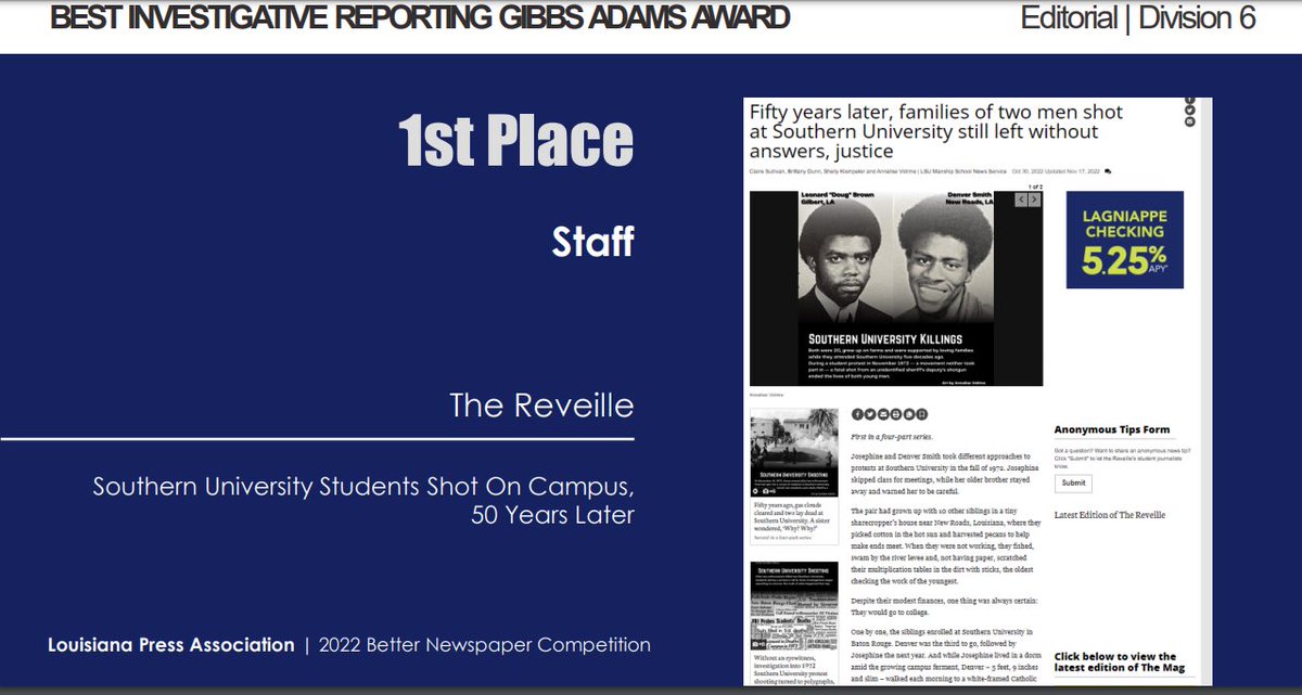 Congrats to <a href="/lsureveille/">The Reveille</a> which won a Louisiana Press Association 1st place award in investigative reporting (college division) for a 4-part series researched and written by the LSU Cold Case team last fall on the 1972 shooting deaths of two Southern University students.