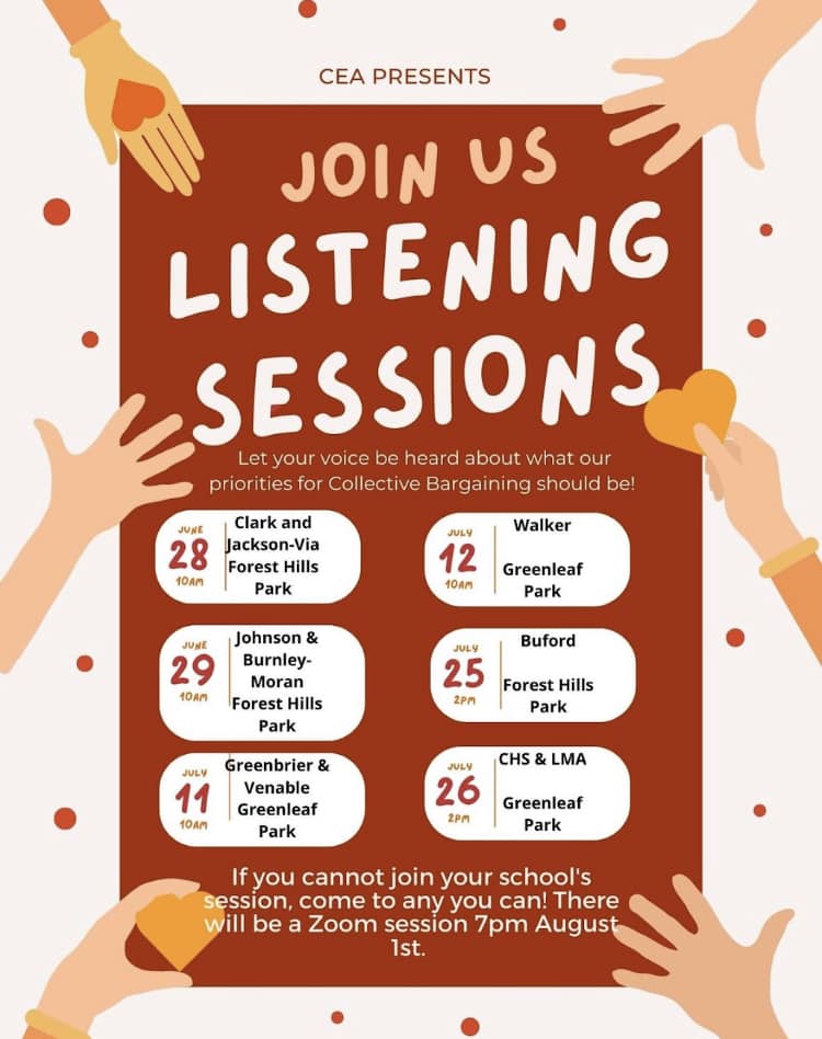 CvilleVEA's tweet photo. Buford, Charlottesville High School &amp; LMA are on deck for their collective bargaining listening sessions. If you work at another school but haven't made it to one of the sessions, come join us this week! 

Buford: 7/25 at Forest Hills, 2 pm.
CHS &amp; LMA: 7/26 at Greenleaf, 2 pm. https://t.co/2C2KevB1df