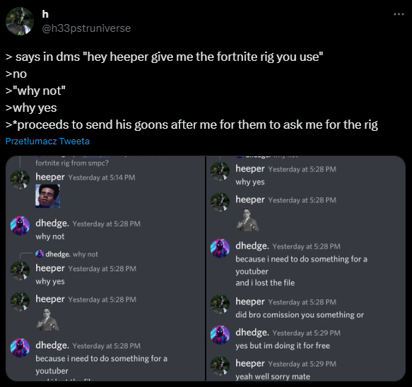 JHundret's tweet photo. also, i asked him if he could send me a pose rig for fortnite models, but he declined even tho everytime he asked me for something i gave it to him, the rig wasn't even his 💀, i didn't send any goons after him i just asked a friend if he can get the file for me from old messages https://t.co/f0VkswaaX8