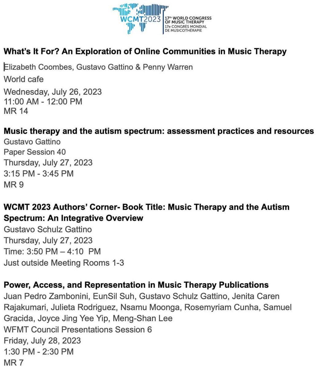 Here is the detailed information for those who want to join me in some of my activities during the World Congress of Music Therapy 2023 in Vancouver.
#musictherapy #WCMT2023