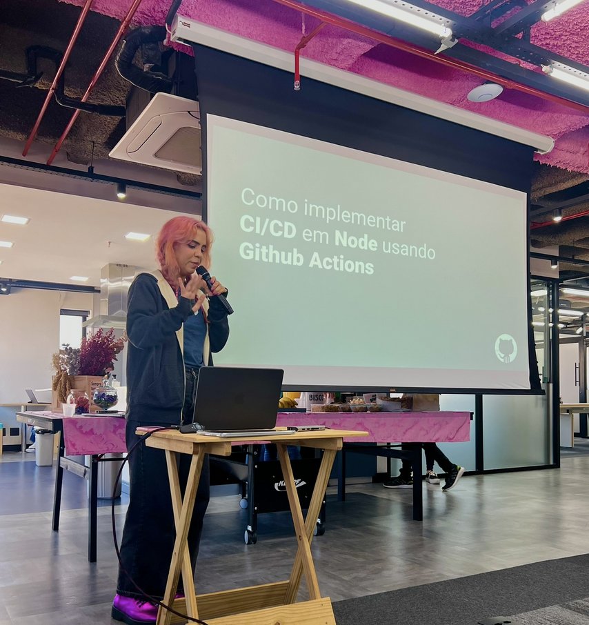 nodebr's tweet image. Agora a tarde, no #NodeBRXP Yasmin nos trouxe uma lighting talk incrível e objetiva sobre CI e CD em Node.js com Github Actions!