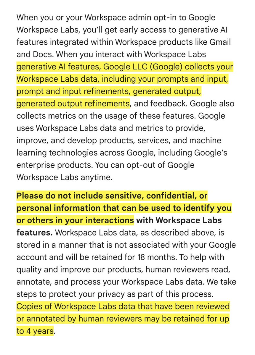 Google's new policy if you want to enable AI features: 'Please do not include sensitive, confidential, or personal information that can be used to identify you or others' Pretty soon this will be stuffed into the T&Cs of many cloud-based apps, that you agree to implicitly.