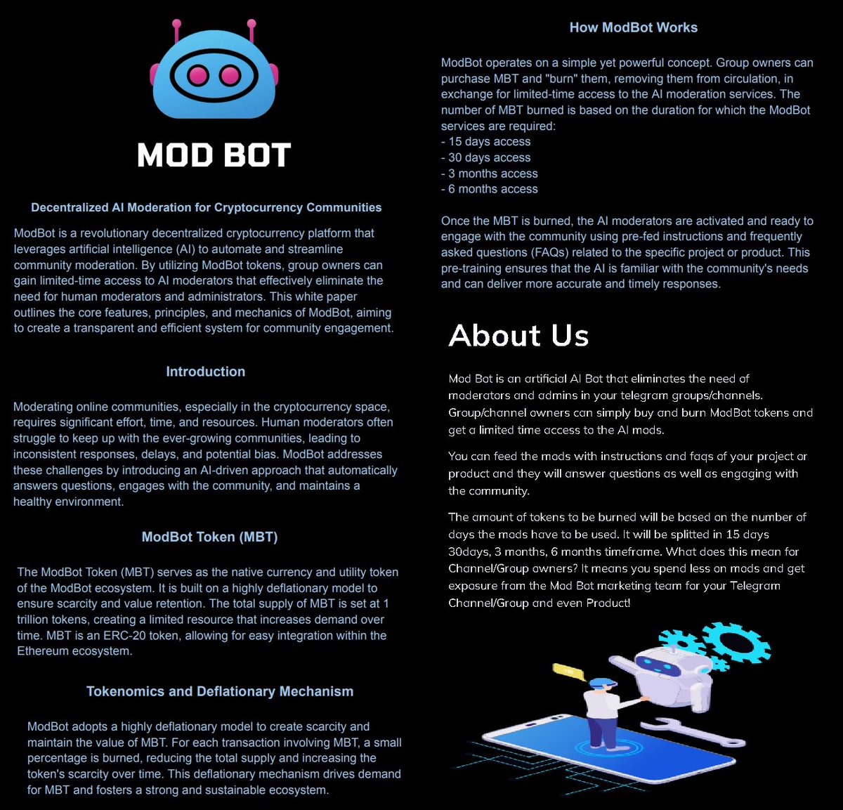Hayess5178's tweet image. #ModBot $MBT is a #Telegram Bot project launching today 10 - 11pm UTC on #Uniswap.

ModBot answers questions, engages with the community, and maintains a healthy environment.
#DYOR as this is a new project. I&apos;ll be keeping an eye on it✍️

🐦@ModBotToken
🗣️ t.me/ModBotToken