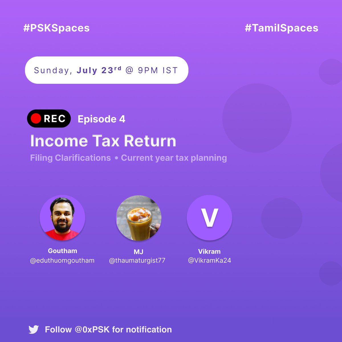 0xPSK's tweet photo. We're hosting space on Income Tax Returns today!
Filing clarifications &
Current year tax planning
#PSKSpaces: Episode 4
Sunday, July 23rd, 9 PM IST
Set reminders @ https://t.co/hNktJ7vghh
@eduthuomgoutham
@thaumaturgist77
@VikramKa24
@TamilSpace_Viz
#IncomeTax #TamilSpaces