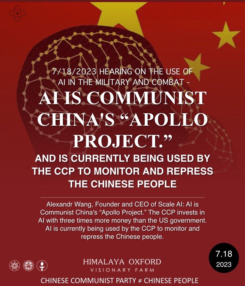 himalaya7nfsc's tweet photo. 7/18/2023 #Hearing on the Use of #AI in the #Military and Combat
#Alexandr #Wang, Founder and CEO of #Scale AI: AI is Communist China's “ #Apollo #Project.” The #CCP invests in AI…… to monitor and repress the Chinese people.
#ccp≠chinese #ccp≠china https://t.co/8Zqgy2341H