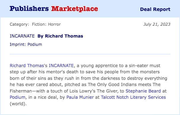 DarkHousePress's tweet photo. It's official! I'm thrilled to announce that my fourth book, Incarnate, an arctic horror, sin-eater novel, will be out with Podium in 2024. Excited to work with Stephanie Beard again, and things are already in the works for the print, ebook, audio, foreign, and film/tv versions. https://t.co/PhAqLnz7OS