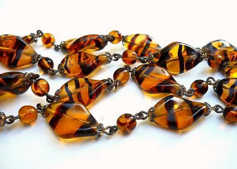 Czech Tiger Stripe Necklace, Golden Art Glass Beads Curve Twisted, 34 inches, Vintage etsy.me/43BNri8 #orange #black #women #glass #bohohippie #vintagenecklace #czechnecklace #glassnecklace #operalength